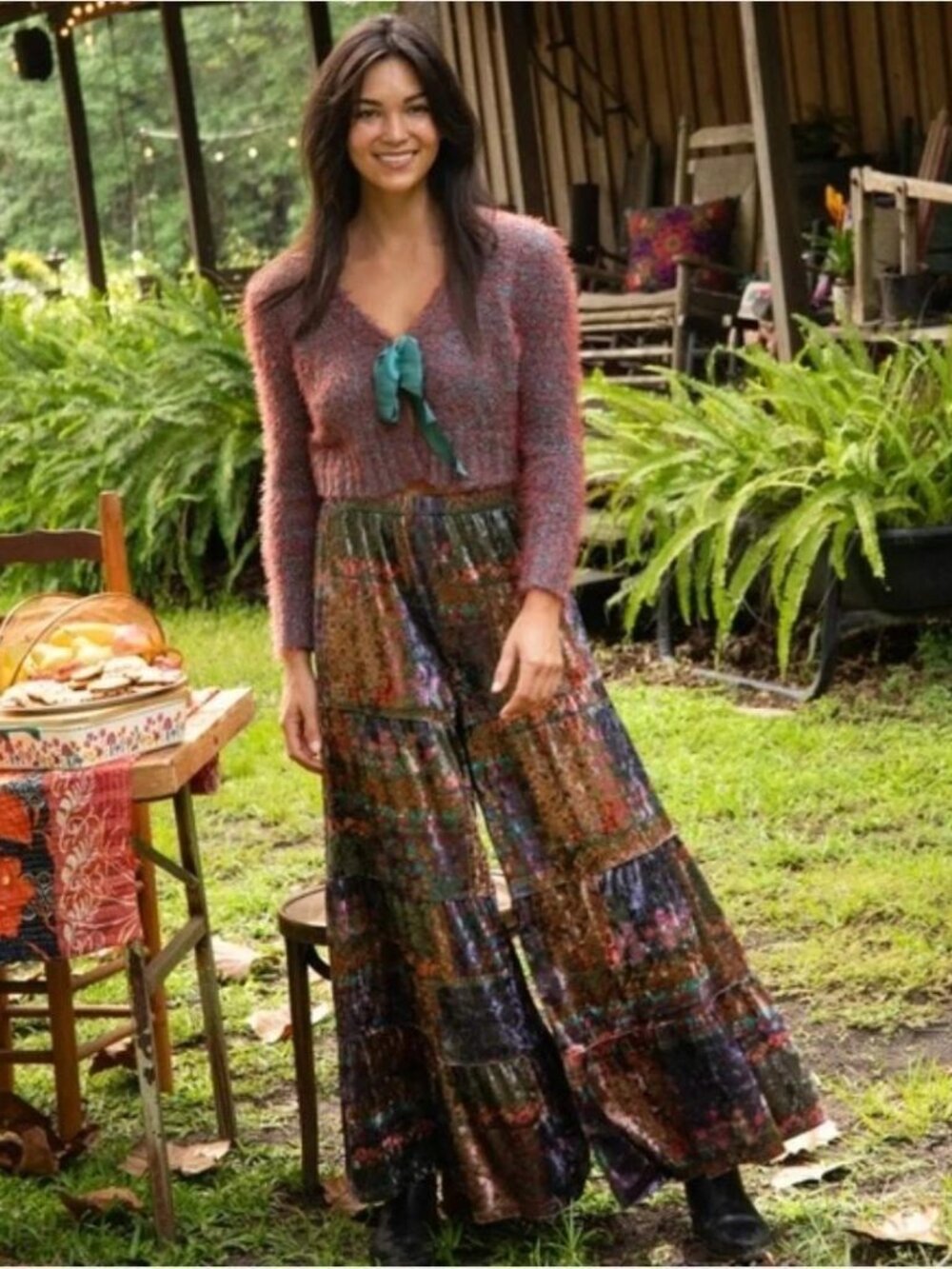 Natural Life Velour Velvet Palazzo Pants S Patchwork Floral Patti Wide Leg Boho